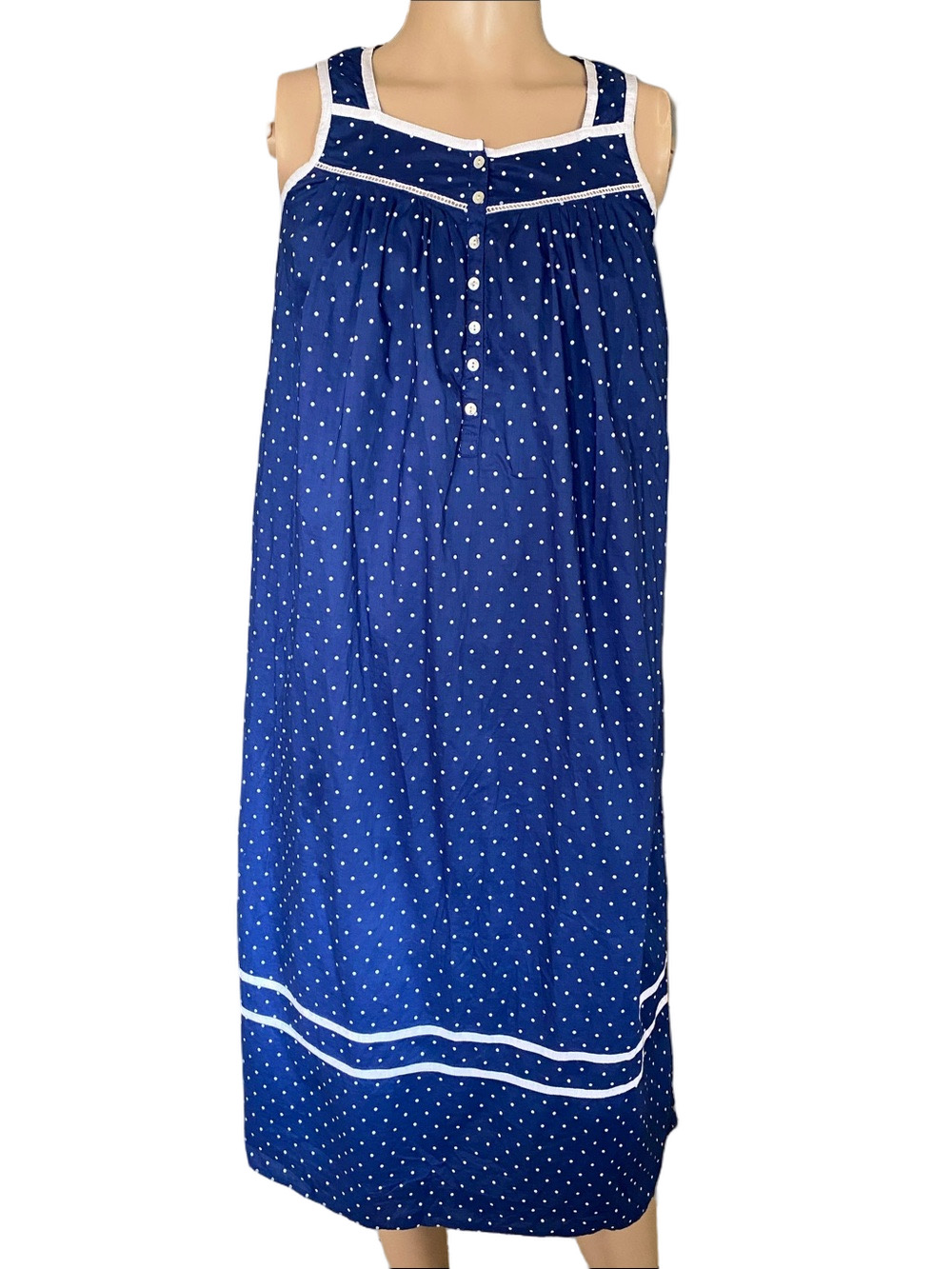 Eileen West Navy Blue Polka Dot Maxi Nightgown with White Trim